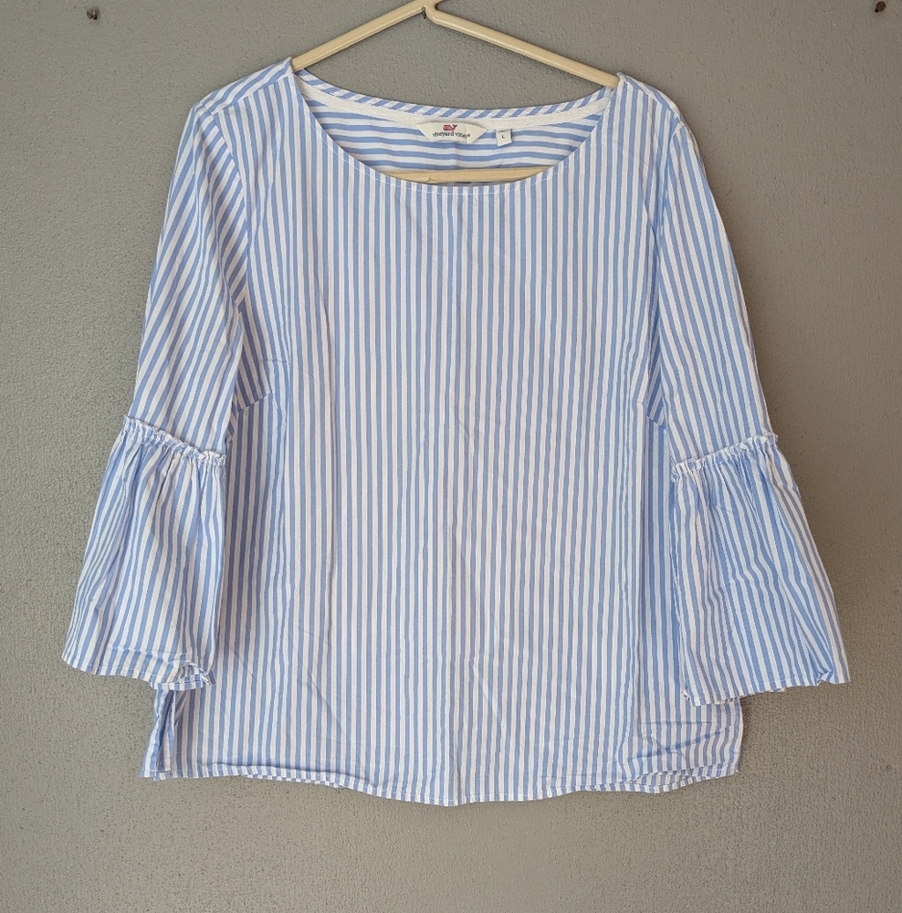 Vineyard Vines Blue And White Striped Cotton  Bell  Sleeve Blouse L